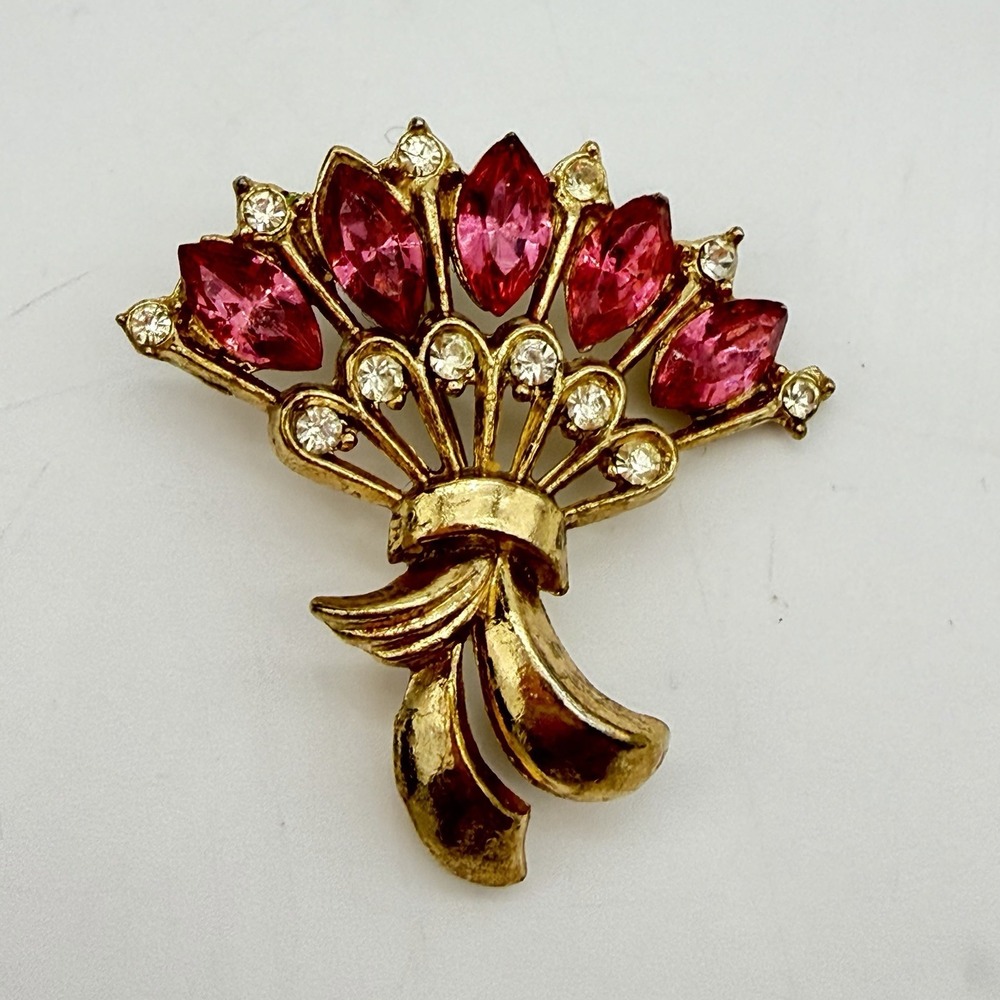 Vintage Rhinestone Brooch Pin Pink Navette Fan Flower Bouquet Retro